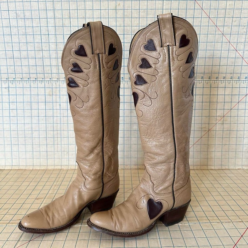 Vintage Justin Boots Leather Heart Inlay Cowgirl Boots Women’s 6A - Picture 1 of 9